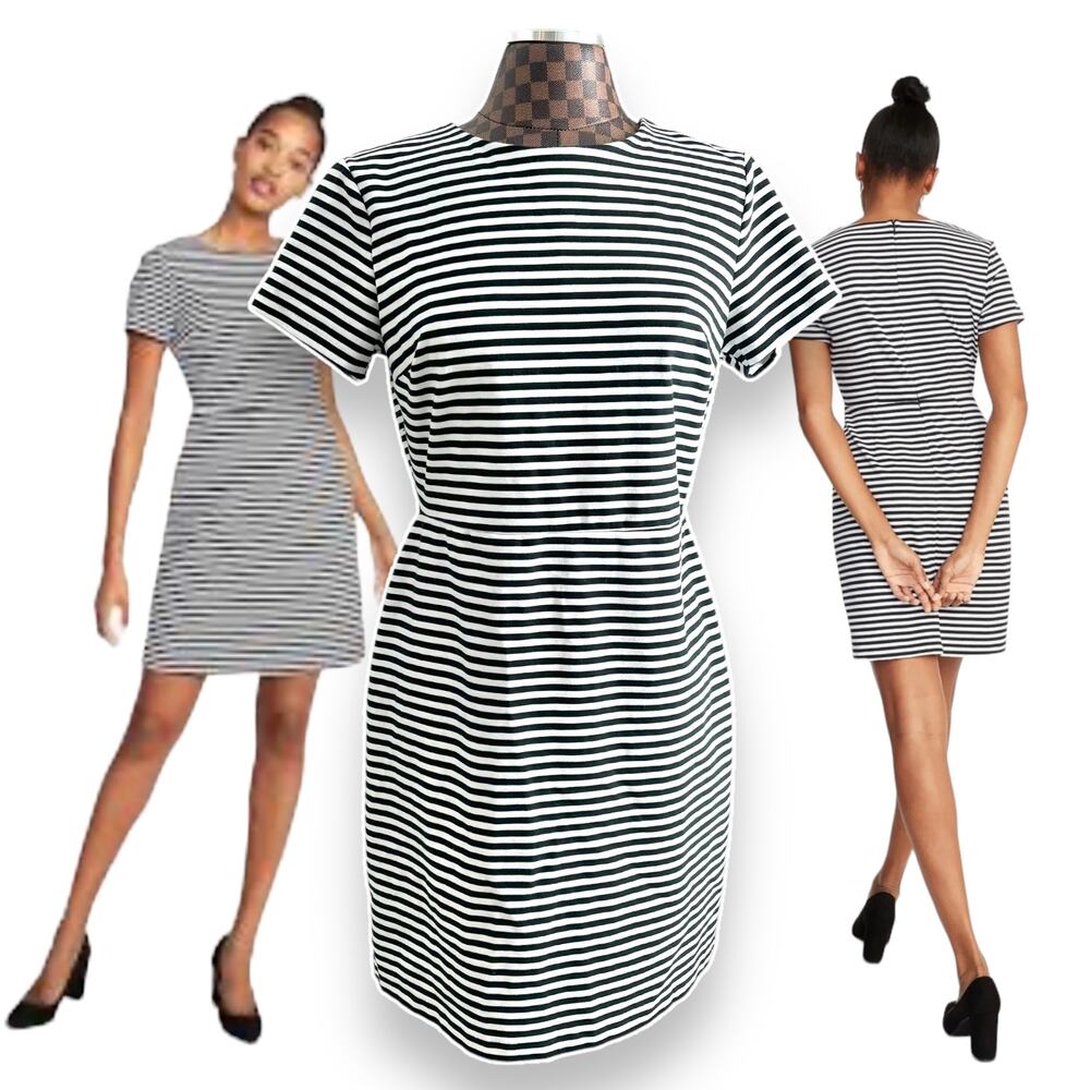 Old Navy Knit Striped Sheath Dress Large Black White Short Sleeve Preppy Office